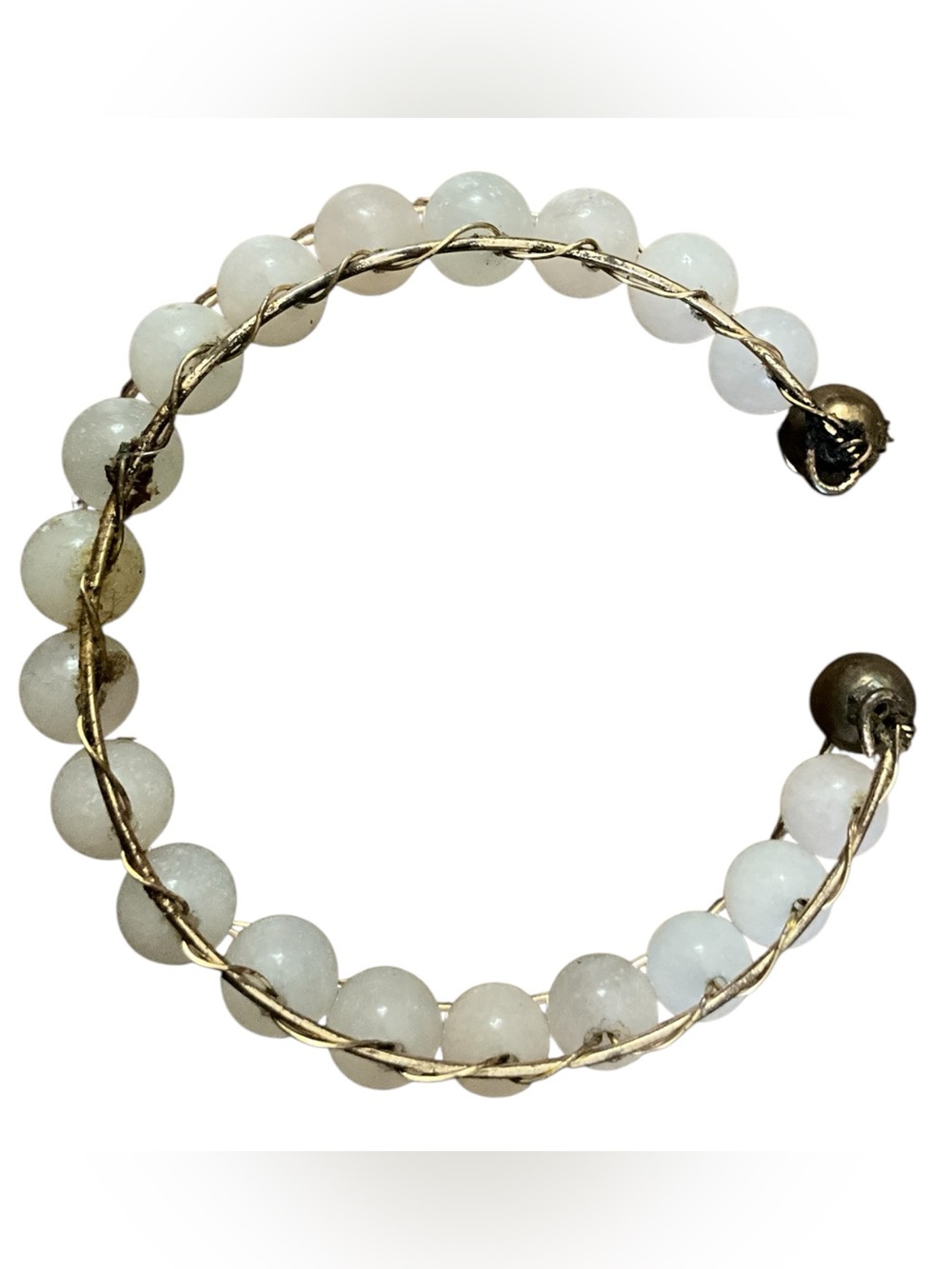 Handmade White Bead & Twisted Gold Tone Wire Open Cuff Bracelet